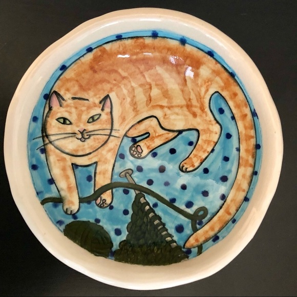 Cat Pottery Bowl, Hand Thrown & Signed